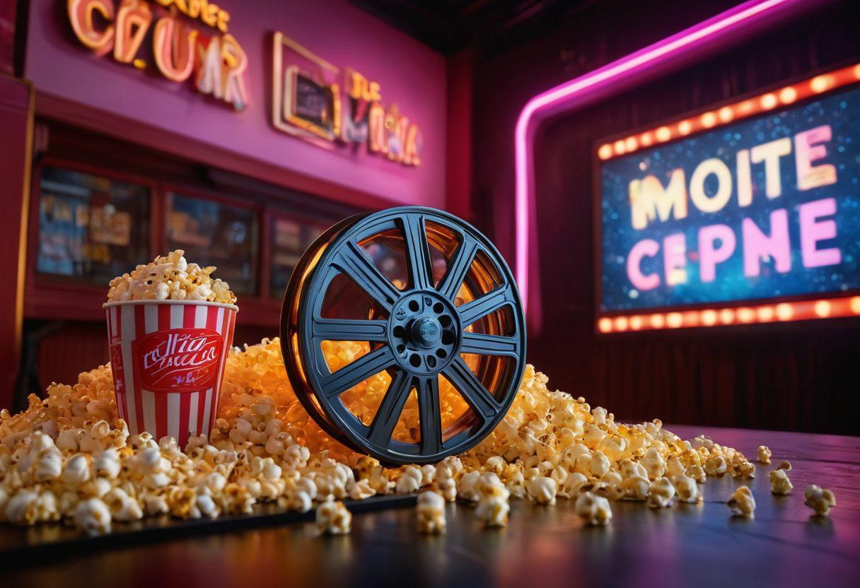 A dynamic film reel unspooling in mid-air, surrounded by vibrant clapperboards, popcorn, and glowing film awards. In the background, a cinema screen displays abstract representations of film trends and genres. The atmosphere buzzes with excitement and creativity, capturing the essence of the movie industry. neon colors. super-realistic. cinematic atmosphere.