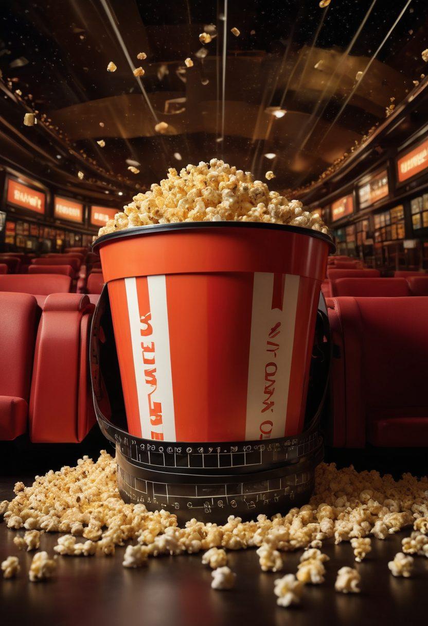 A dynamic collage showcasing a film reel unraveling into a bustling cinema scene, with silhouettes of moviegoers engaged in thought. Include iconic film symbols like popcorn, clapperboards, and glowing cinema screens in the background. The color scheme should be vibrant, depicting a blend of excitement and anticipation for the cinematic experience. Capture a sense of motion and storytelling throughout the composition. cinematic art style. vibrant colors. 3D.