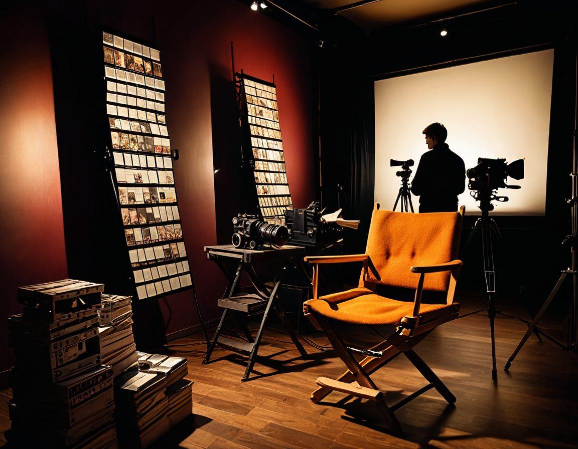 A cinematic scene showcasing a director's chair facing a large film screen displaying a vibrant movie montage, surrounded by film reels and a camera on a tripod. In the foreground, a thoughtful critic jots down notes, with a warm light casting soft shadows, evoking a sense of creativity and insight. super-realistic. warm tones. vibrant colors.